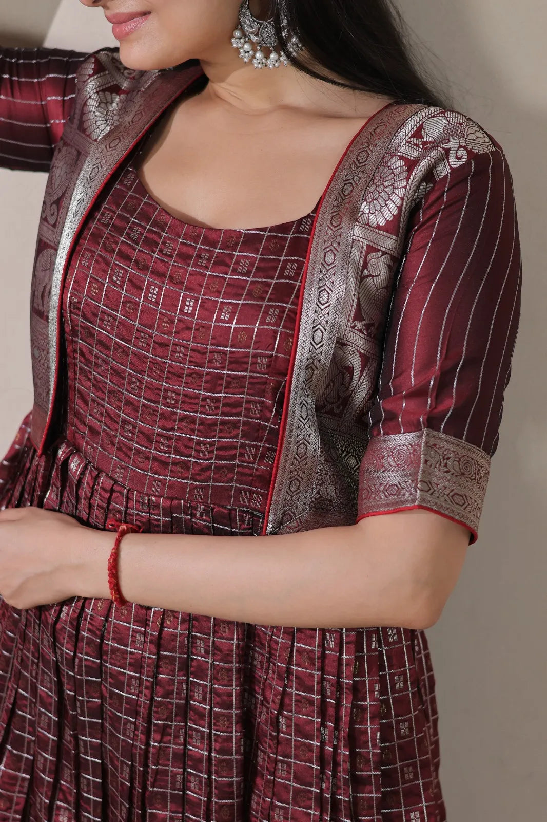 Maroon Zari Checks Jacket Style Flared Gown