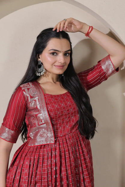 Red Zari Checks Jacket Style Flared Gown