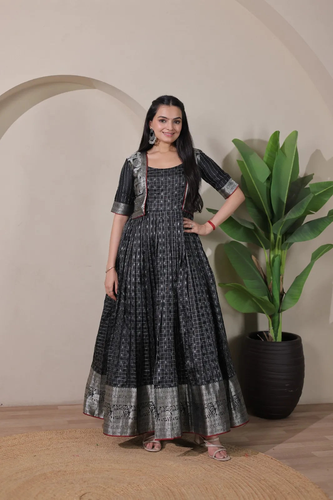 Black Zari Checks Jacket Style Flared Gown