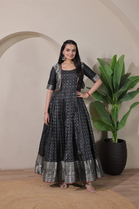 Black Zari Checks Jacket Style Flared Gown