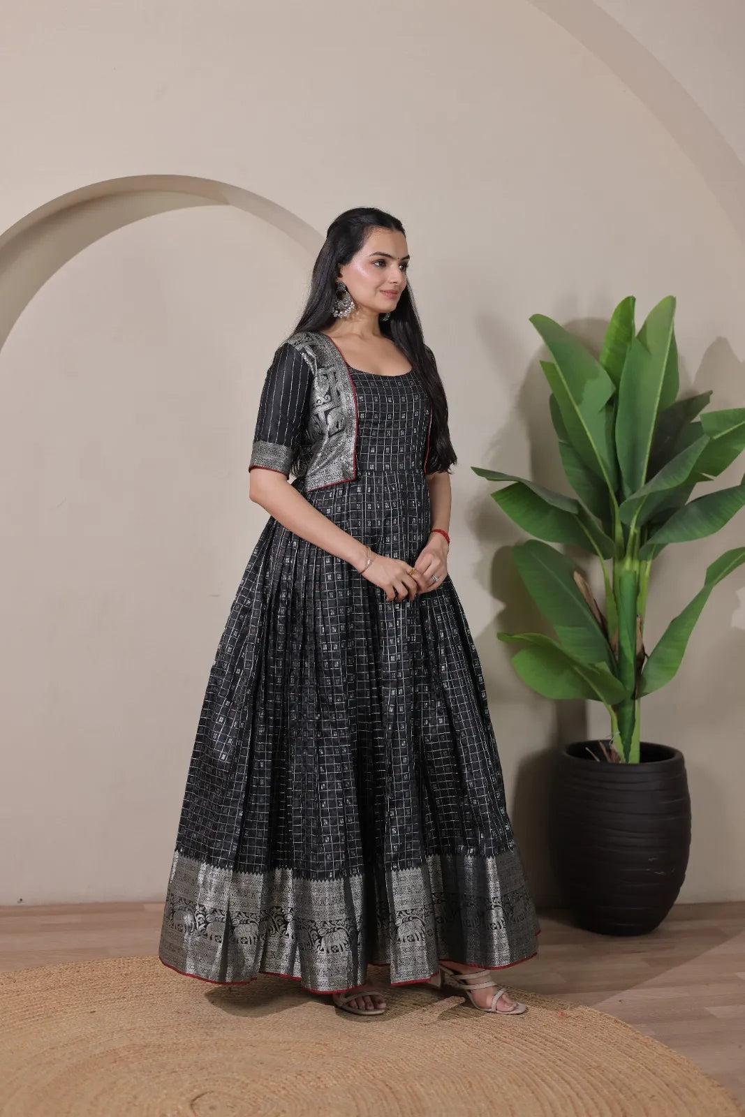 Black Zari Checks Jacket Style Flared Gown