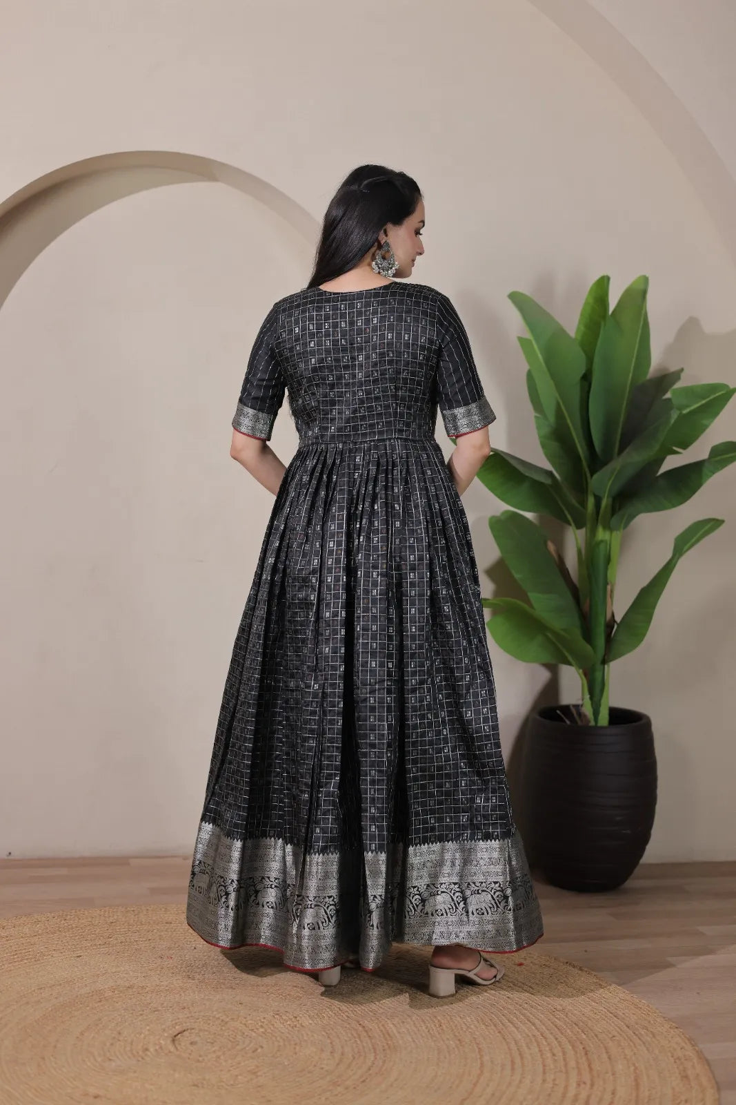 Black Zari Checks Jacket Style Flared Gown