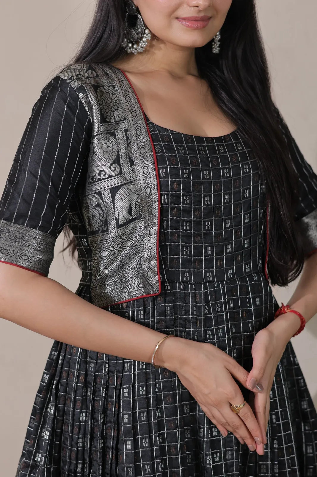 Black Zari Checks Jacket Style Flared Gown