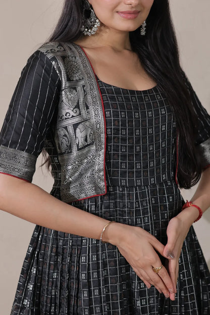 Black Zari Checks Jacket Style Flared Gown