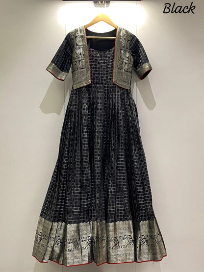 Black Zari Checks Jacket Style Flared Gown