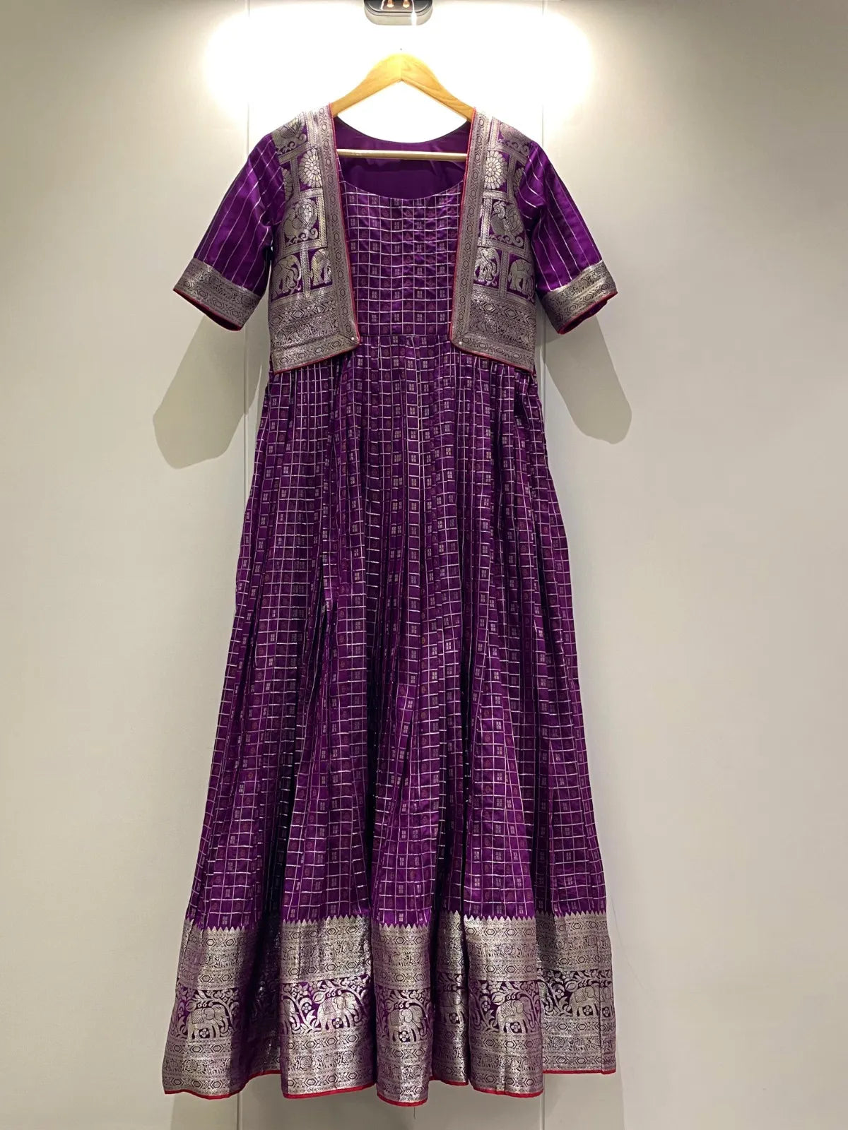 Purple Zari Checks Jacket Style Flared Gown