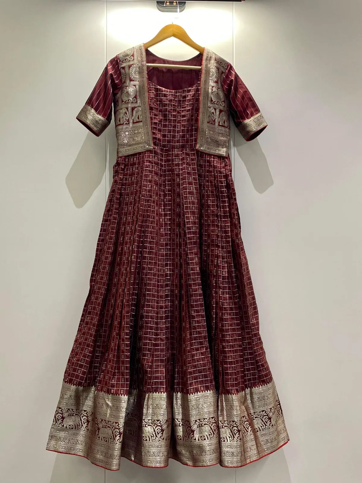 Maroon Zari Checks Jacket Style Flared Gown