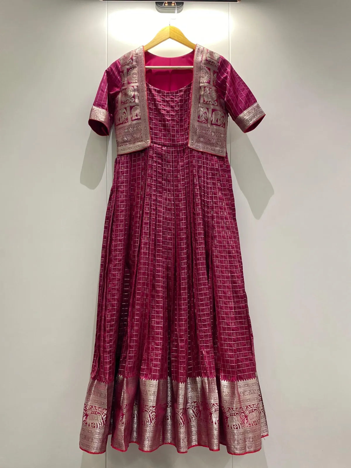 Pink Zari Checks Jacket Style Flared Gown