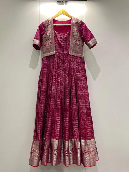 Pink Zari Checks Jacket Style Flared Gown