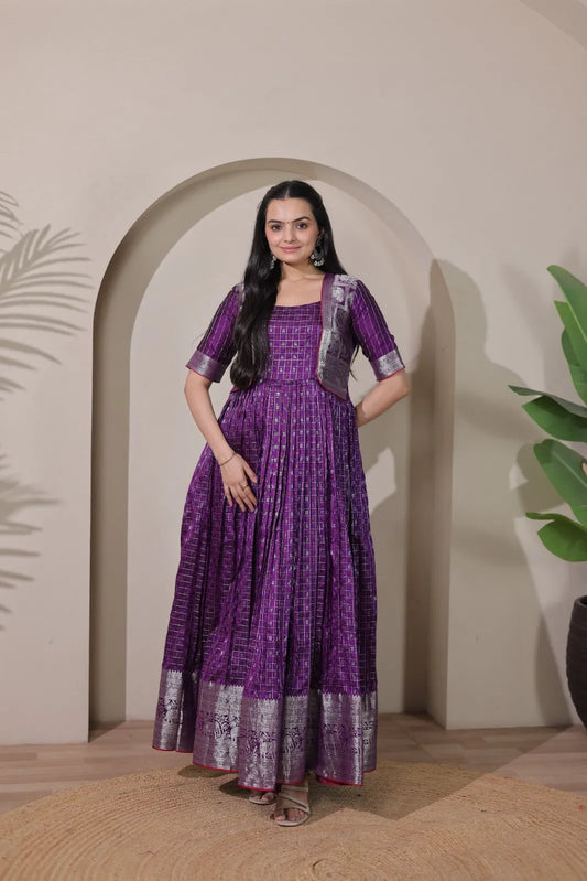 Purple Zari Checks Jacket Style Flared Gown