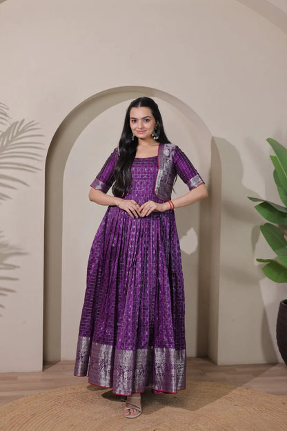 Purple Zari Checks Jacket Style Flared Gown