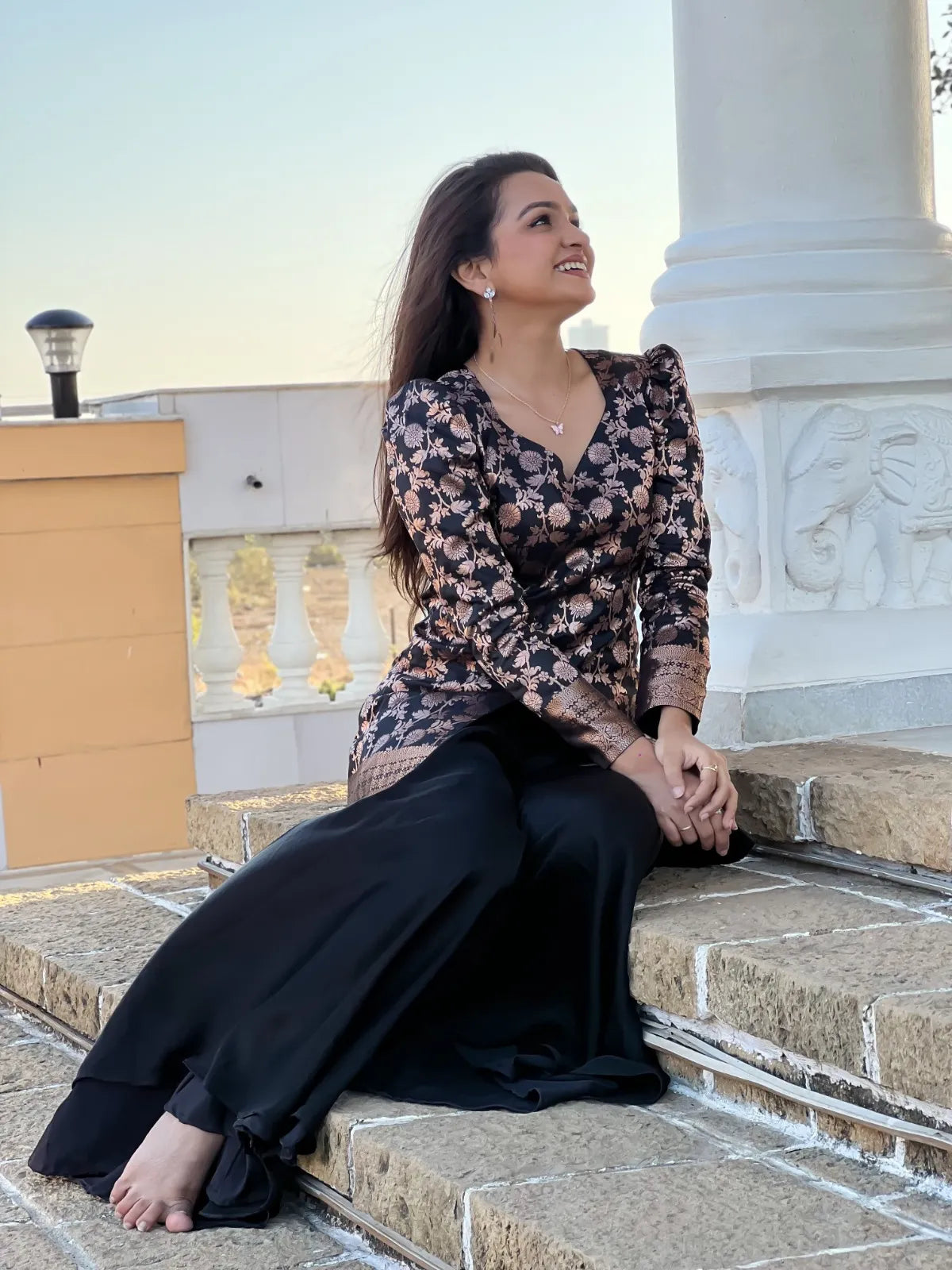 Floral Brocade Peplum Top with Flared Palazzo Set