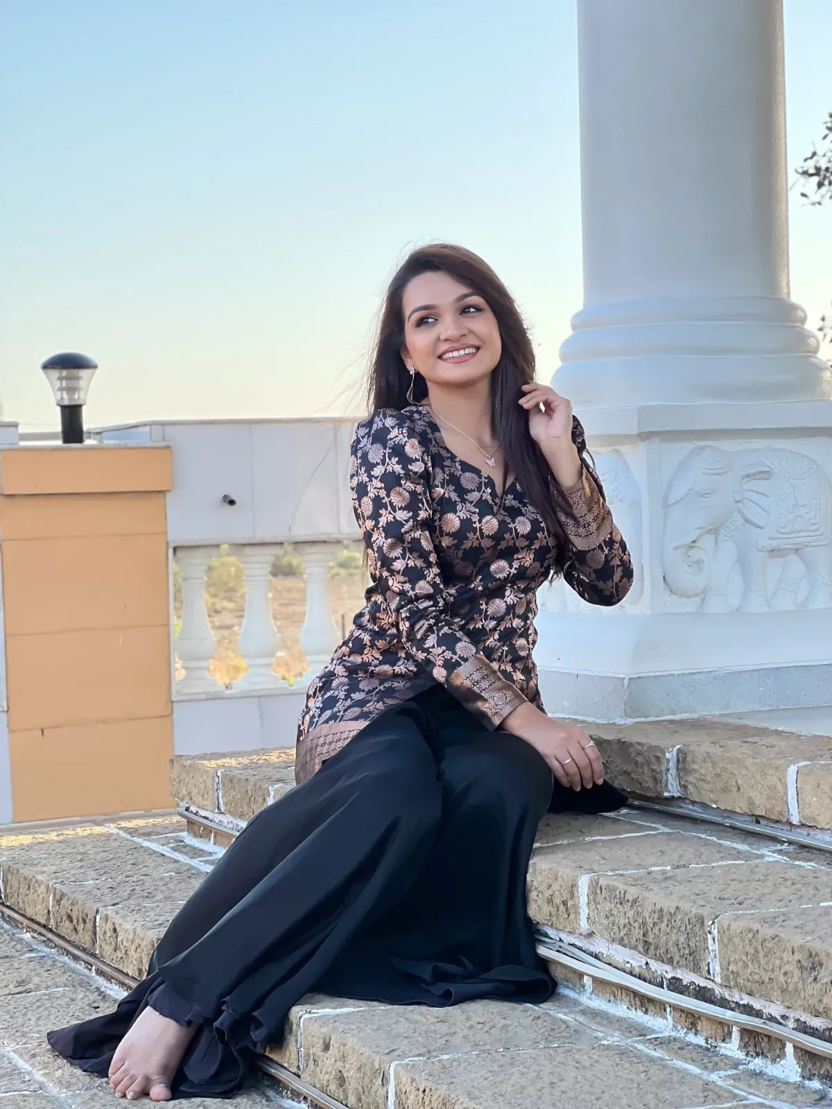 Floral Brocade Peplum Top with Flared Palazzo Set