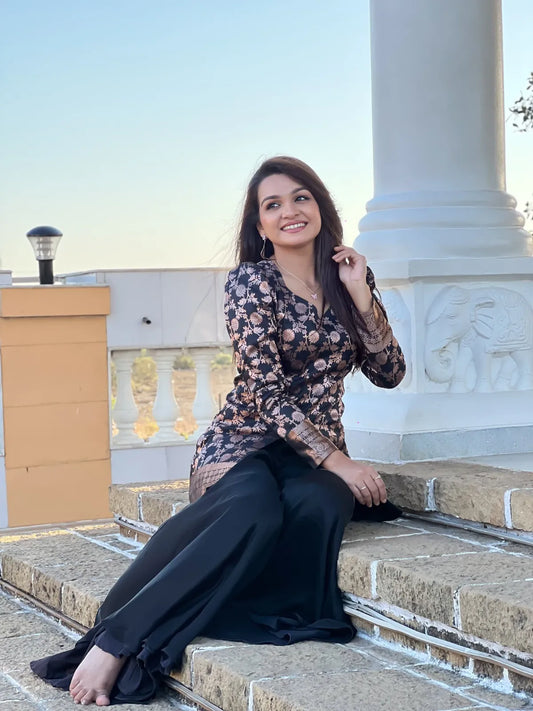 Floral Brocade Peplum Top with Flared Palazzo Set