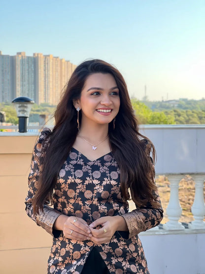 Floral Brocade Peplum Top with Flared Palazzo Set