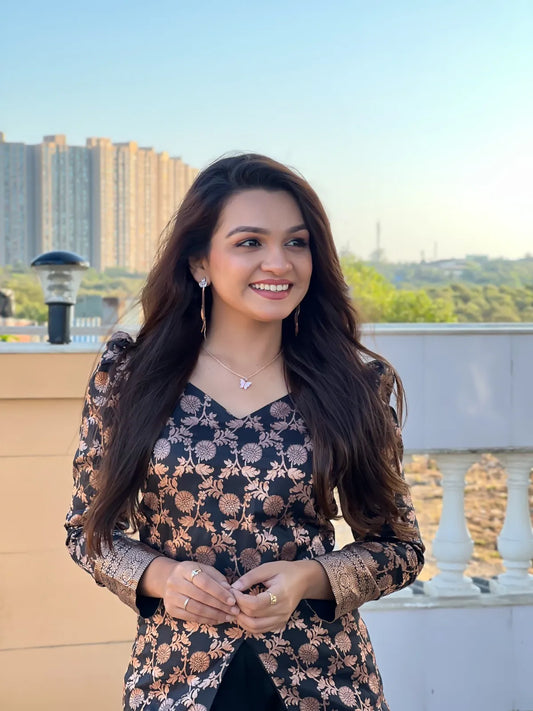 Floral Brocade Peplum Top with Flared Palazzo Set