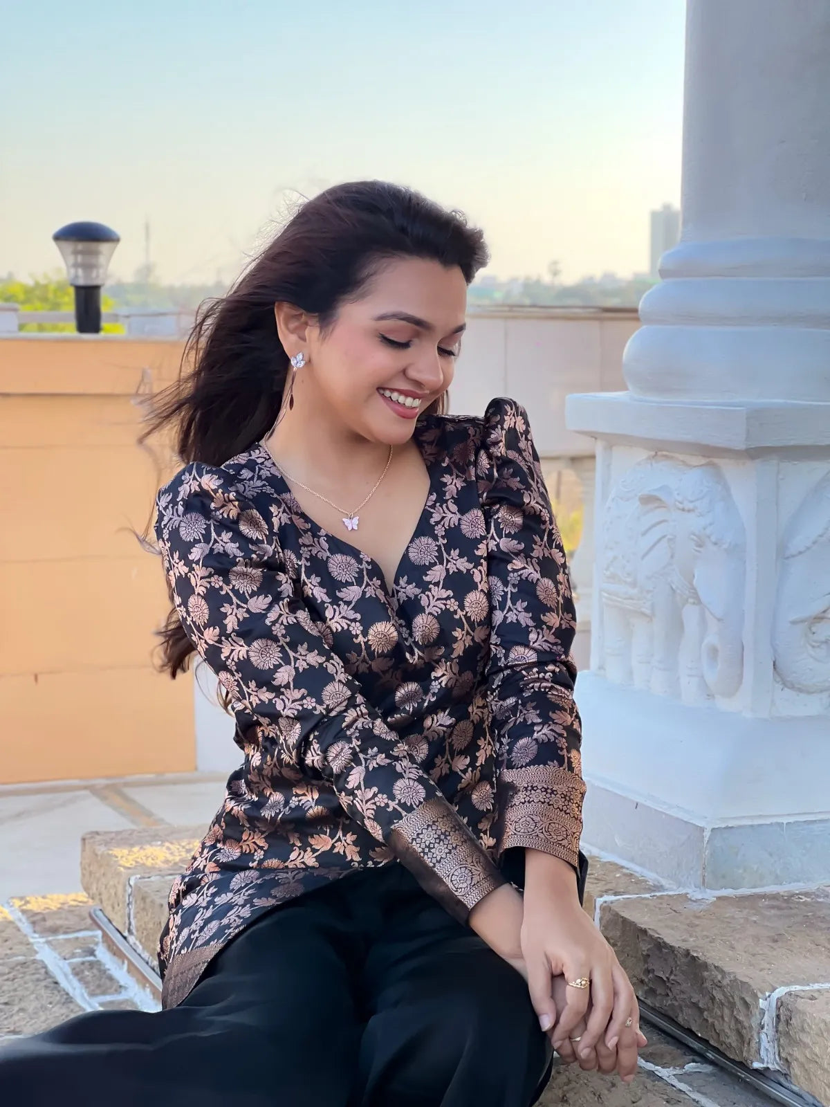 Floral Brocade Peplum Top with Flared Palazzo Set