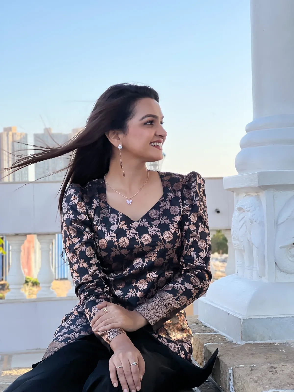 Floral Brocade Peplum Top with Flared Palazzo Set