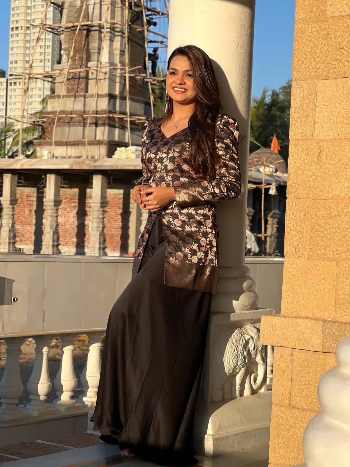 Floral Brocade Peplum Top with Flared Palazzo Set