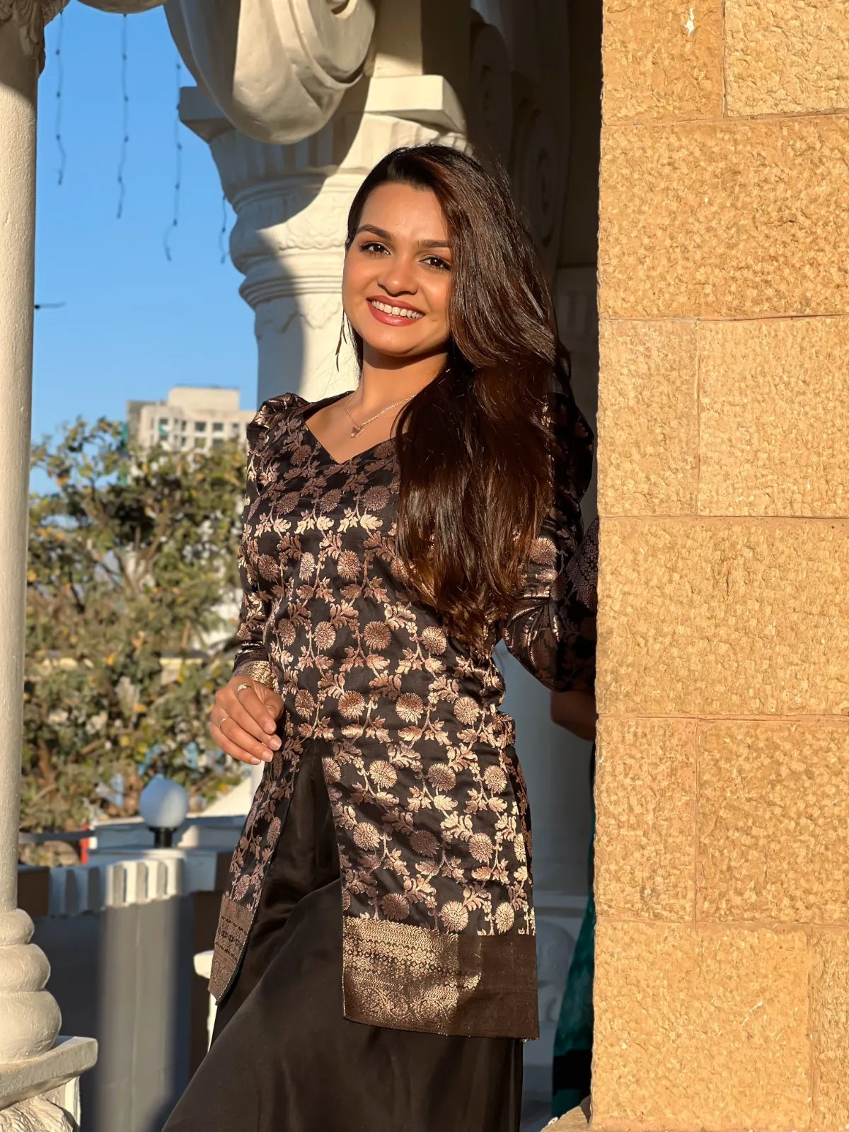 Floral Brocade Peplum Top with Flared Palazzo Set