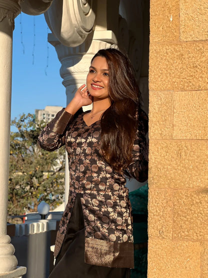 Floral Brocade Peplum Top with Flared Palazzo Set