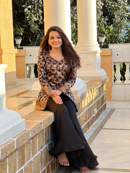 Floral Brocade Peplum Top with Flared Palazzo Set