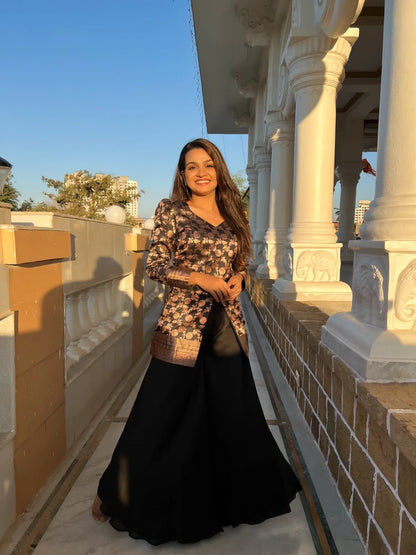 Floral Brocade Peplum Top with Flared Palazzo Set