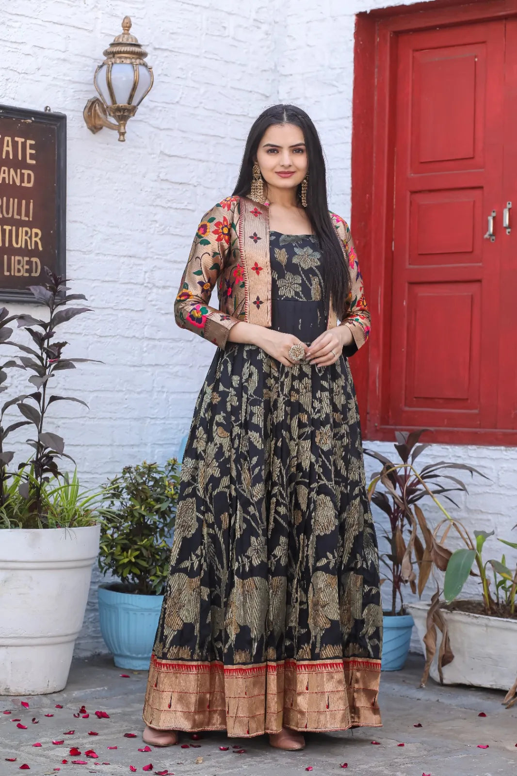 Black Zari Floral Pichwai Paithani Gown with Jacket