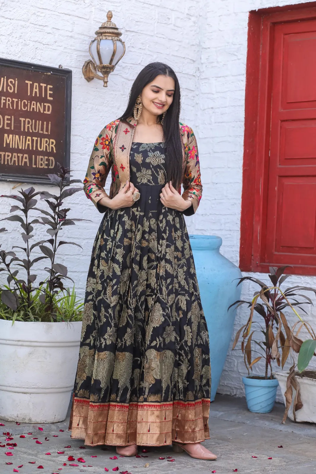 Black Zari Floral Pichwai Paithani Gown with Jacket