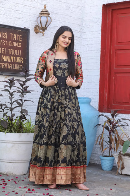 Black Zari Floral Pichwai Paithani Gown with Jacket