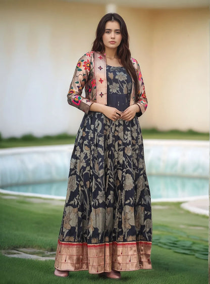 Black Zari Floral Pichwai Paithani Gown with Jacket