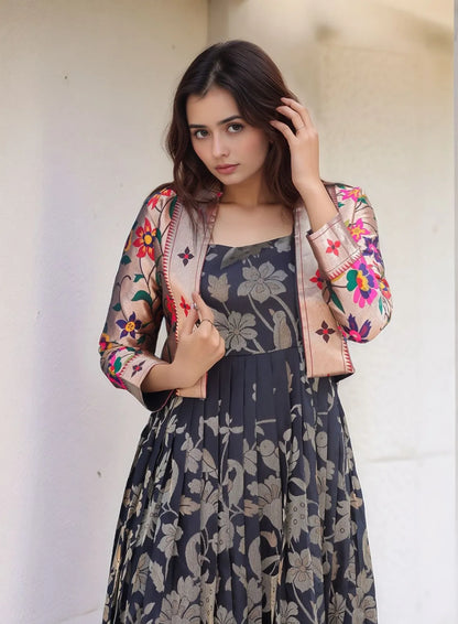 Black Zari Floral Pichwai Paithani Gown with Jacket