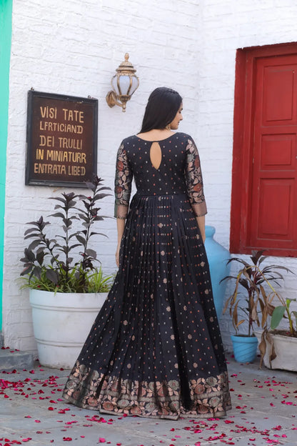 Black Zari Buti Anarkali Gown with Floral Border