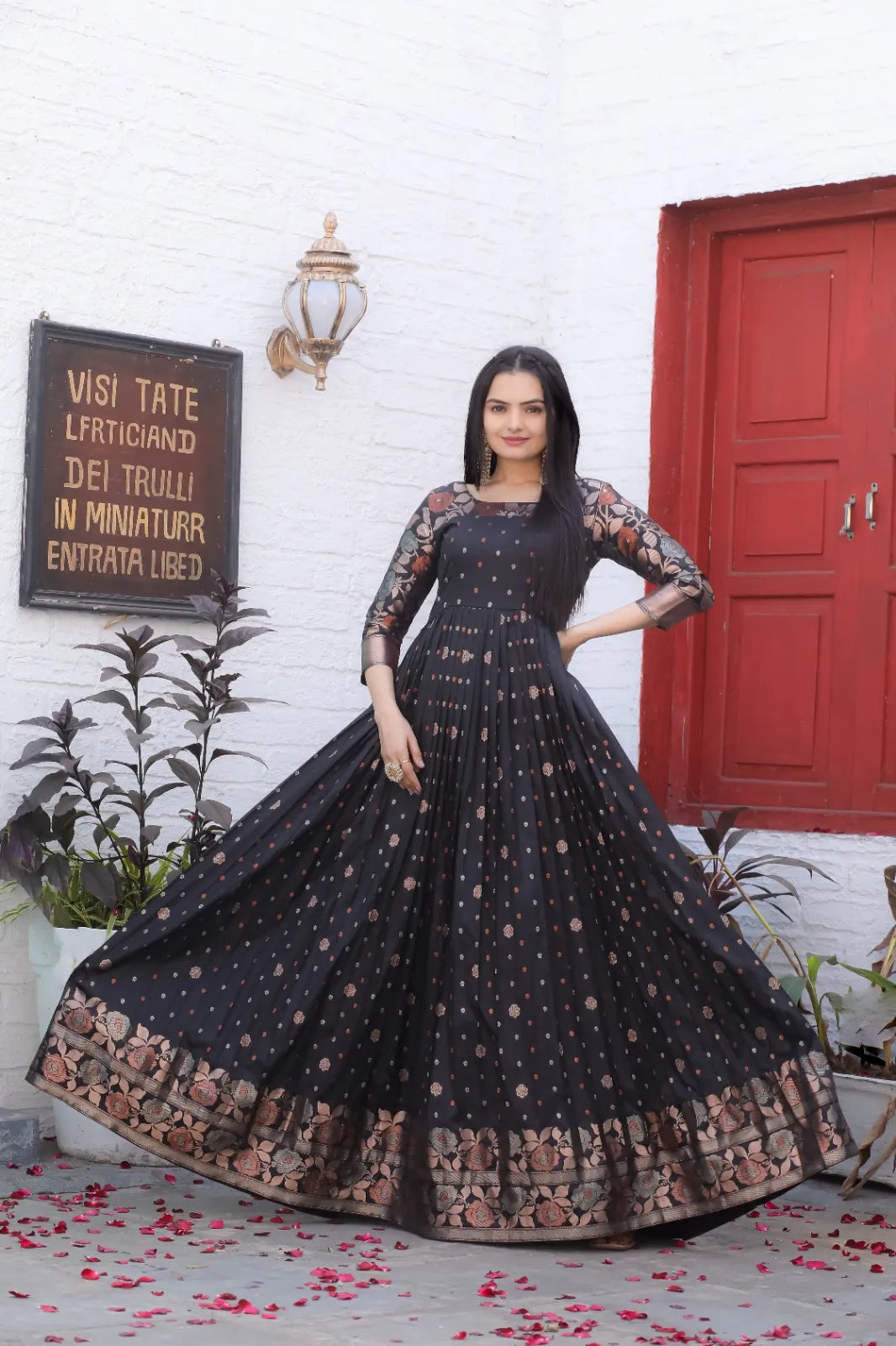 Black Zari Buti Anarkali Gown with Floral Border