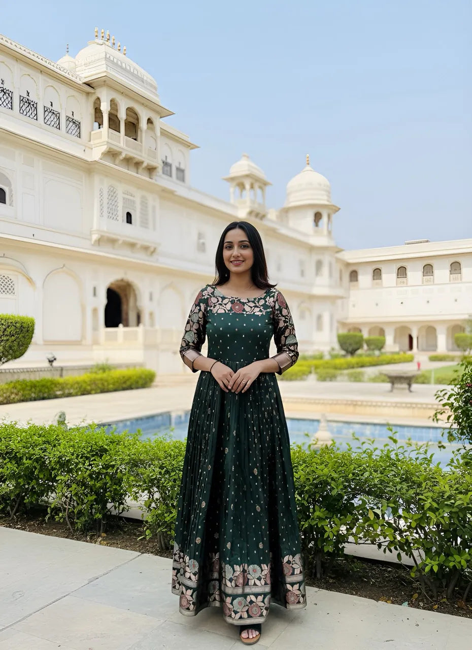 Green Zari Buti Anarkali Gown with Floral Border