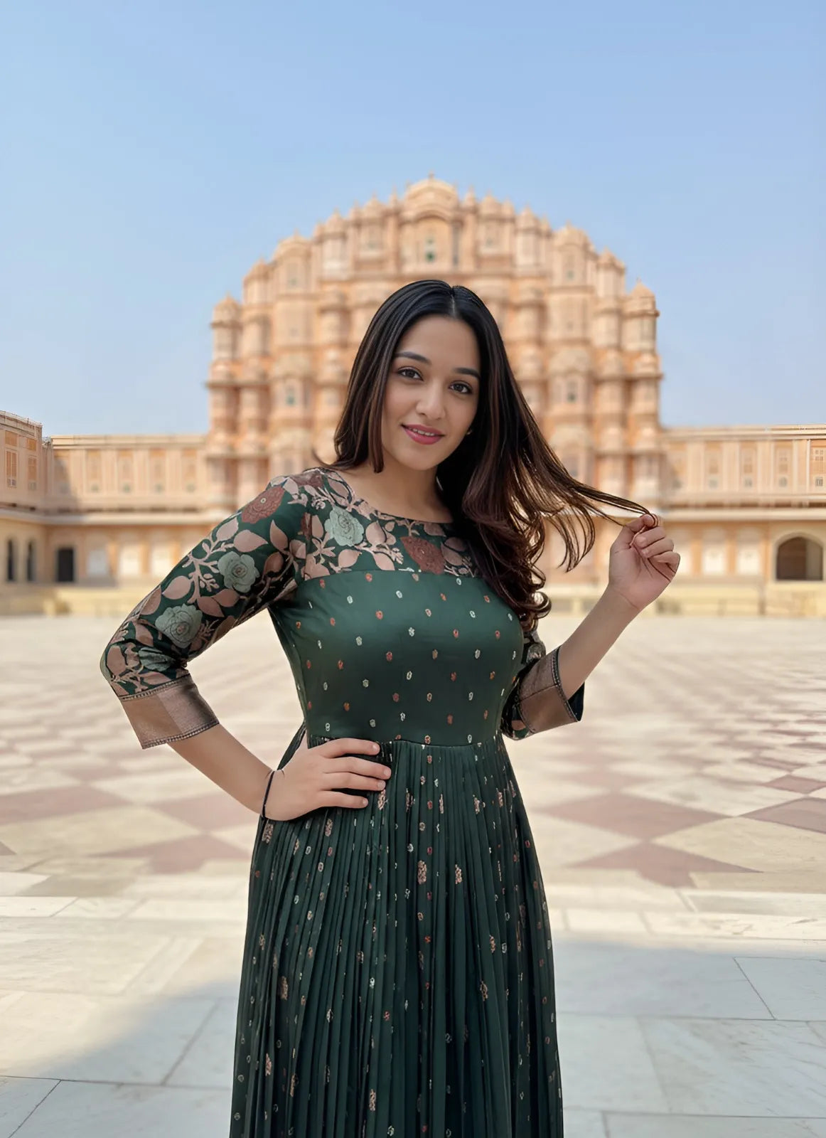 Green Zari Buti Anarkali Gown with Floral Border