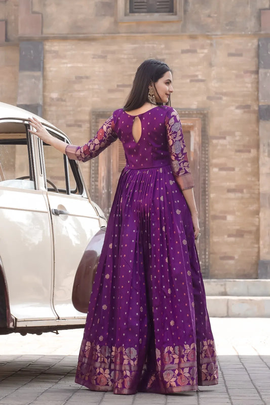 Royal Purple Zari Buti Anarkali Gown with Floral Border
