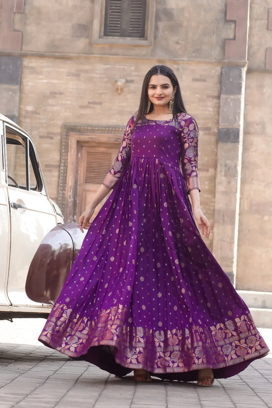 Royal Purple Zari Buti Anarkali Gown with Floral Border