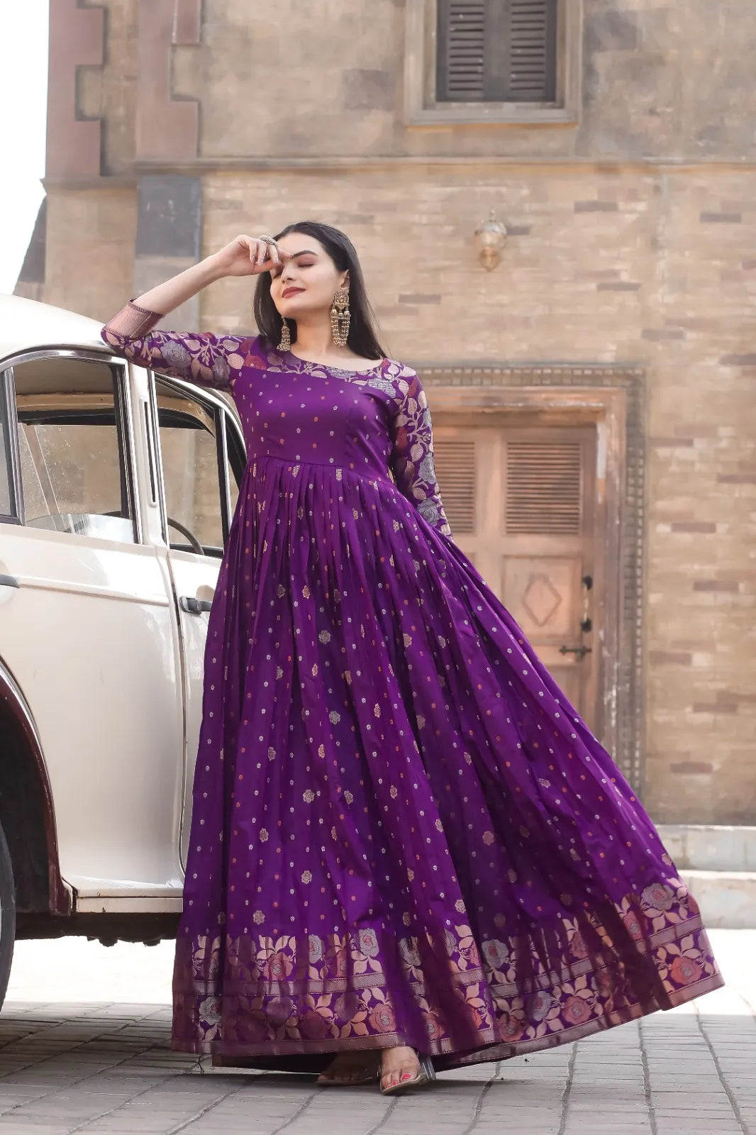 Royal Purple Zari Buti Anarkali Gown with Floral Border