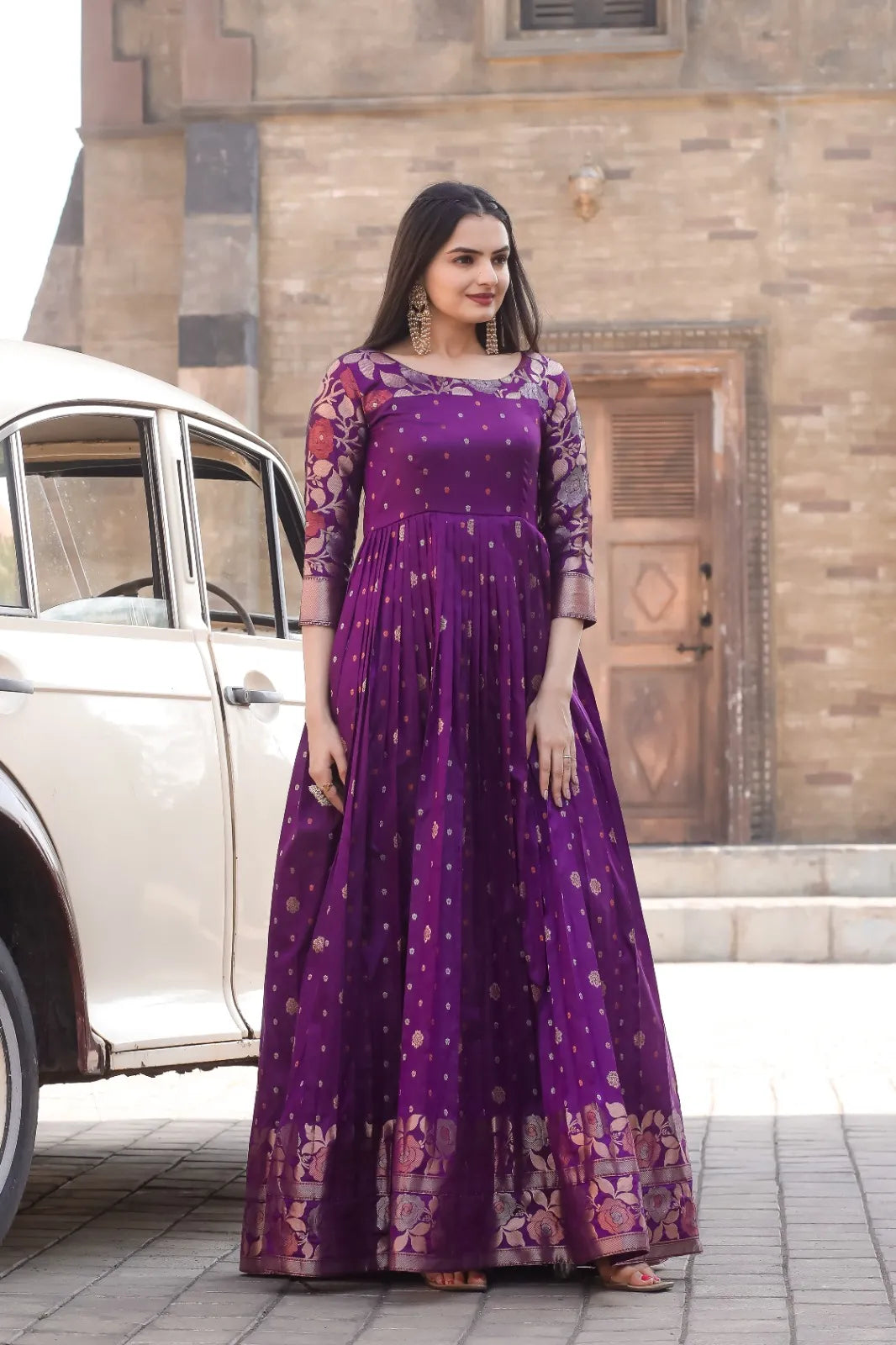 Royal Purple Zari Buti Anarkali Gown with Floral Border