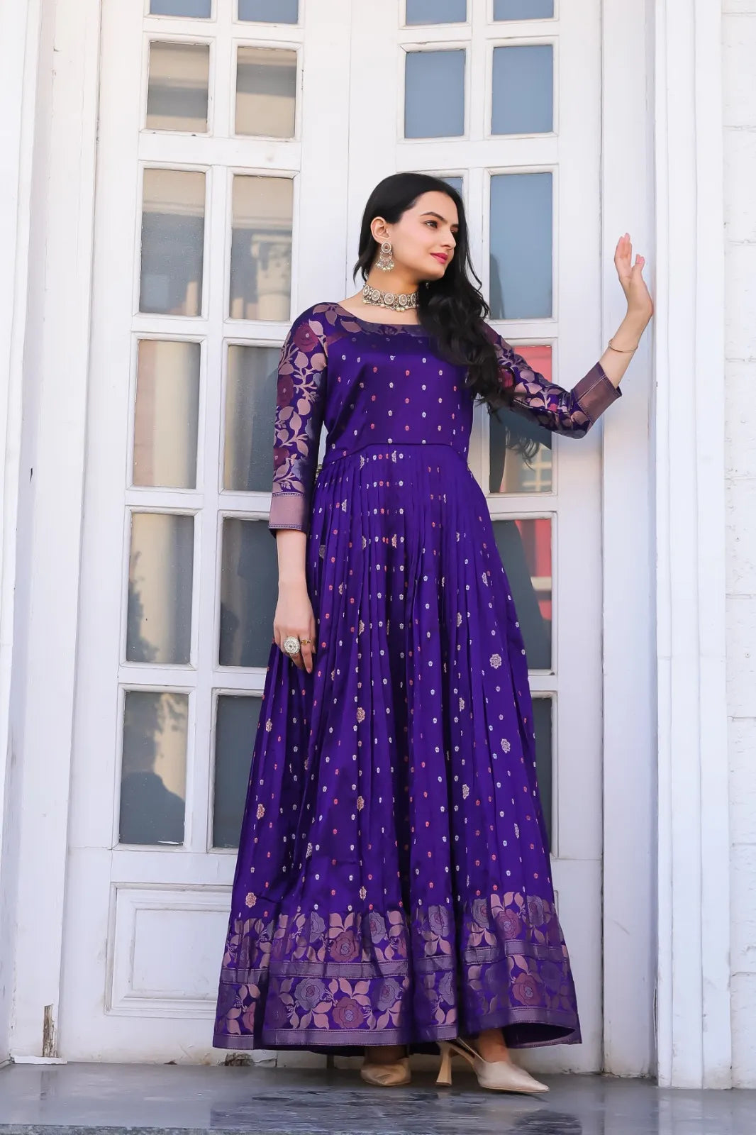 Violet Zari Buti Anarkali Gown with Floral Border
