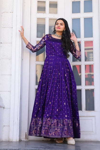 Violet Zari Buti Anarkali Gown with Floral Border