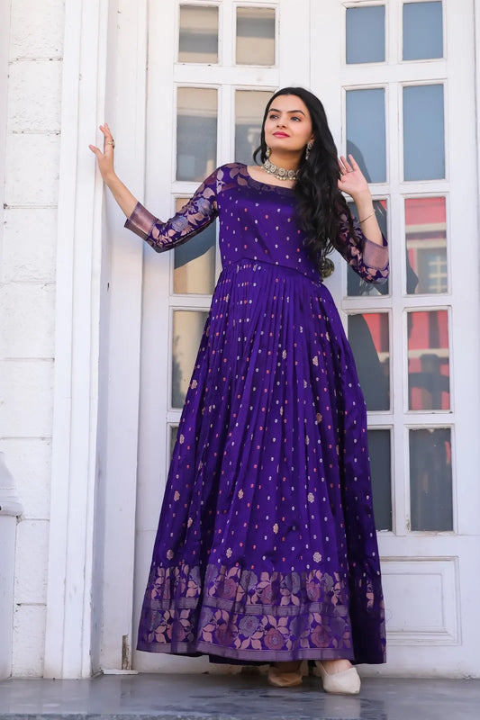 Violet Zari Buti Anarkali Gown with Floral Border