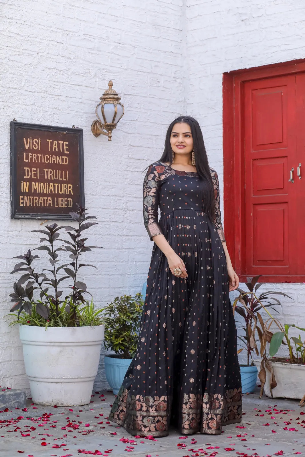 Black Zari Buti Anarkali Gown with Floral Border