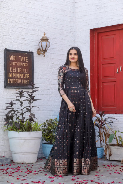 Black Zari Buti Anarkali Gown with Floral Border