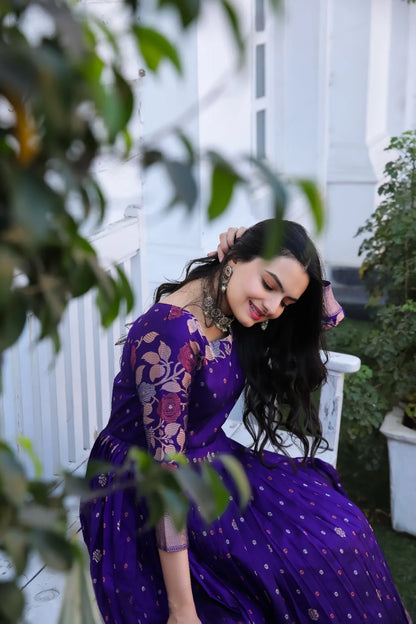 Violet Zari Buti Anarkali Gown with Floral Border