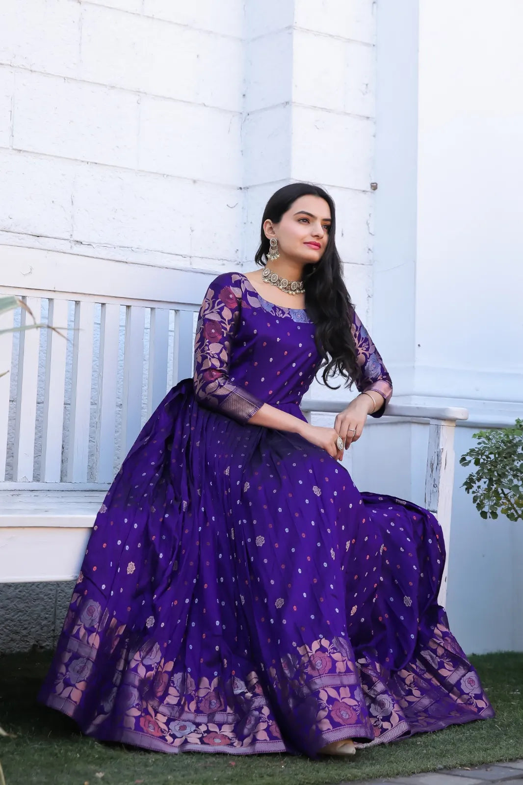 Violet Zari Buti Anarkali Gown with Floral Border