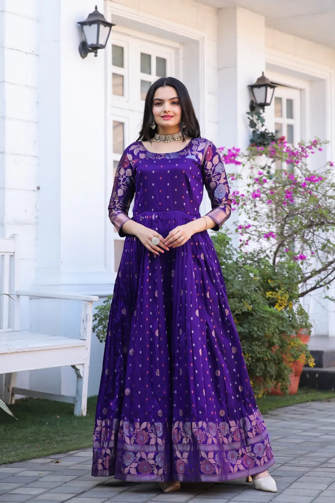Violet Zari Buti Anarkali Gown with Floral Border