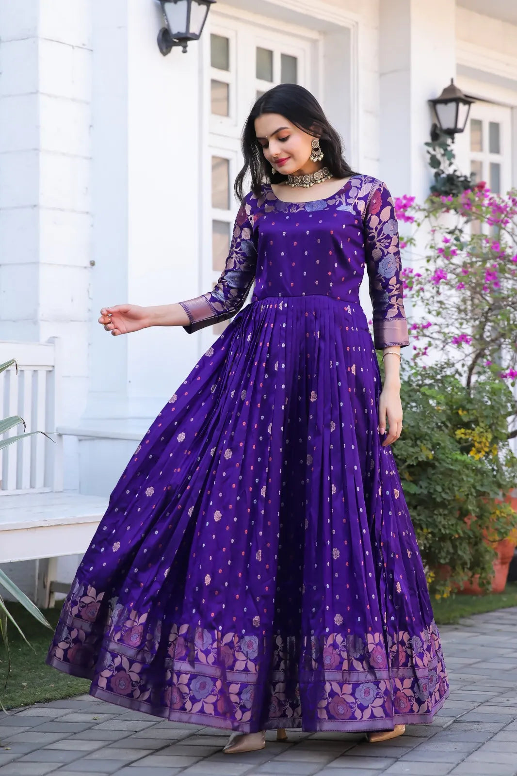 Violet Zari Buti Anarkali Gown with Floral Border