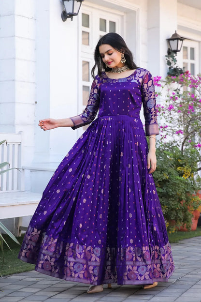 Violet Zari Buti Anarkali Gown with Floral Border